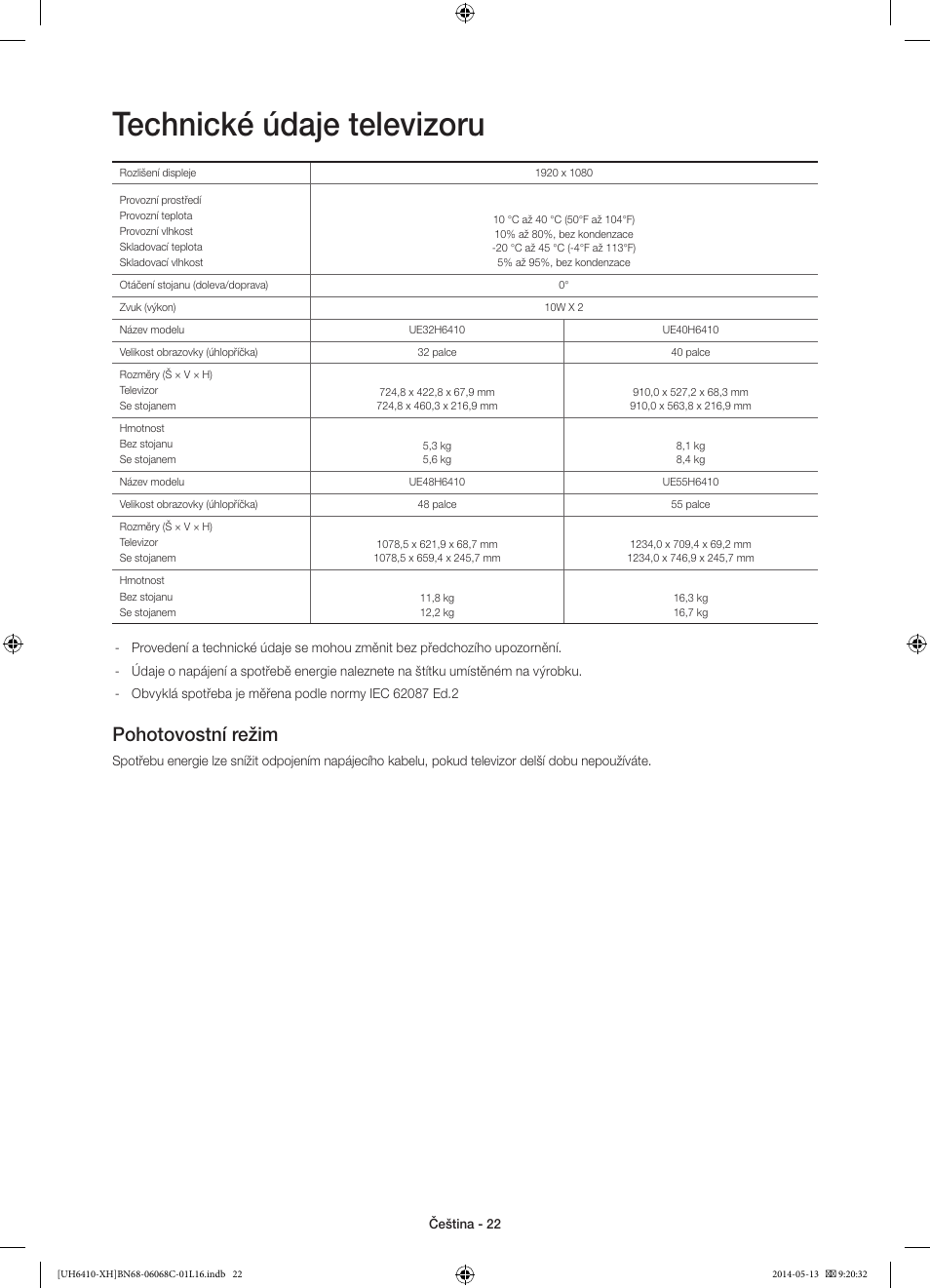 Technické údaje televizoru, Pohotovostní režim | Samsung UE32H6410SS User Manual | Page 154 / 353