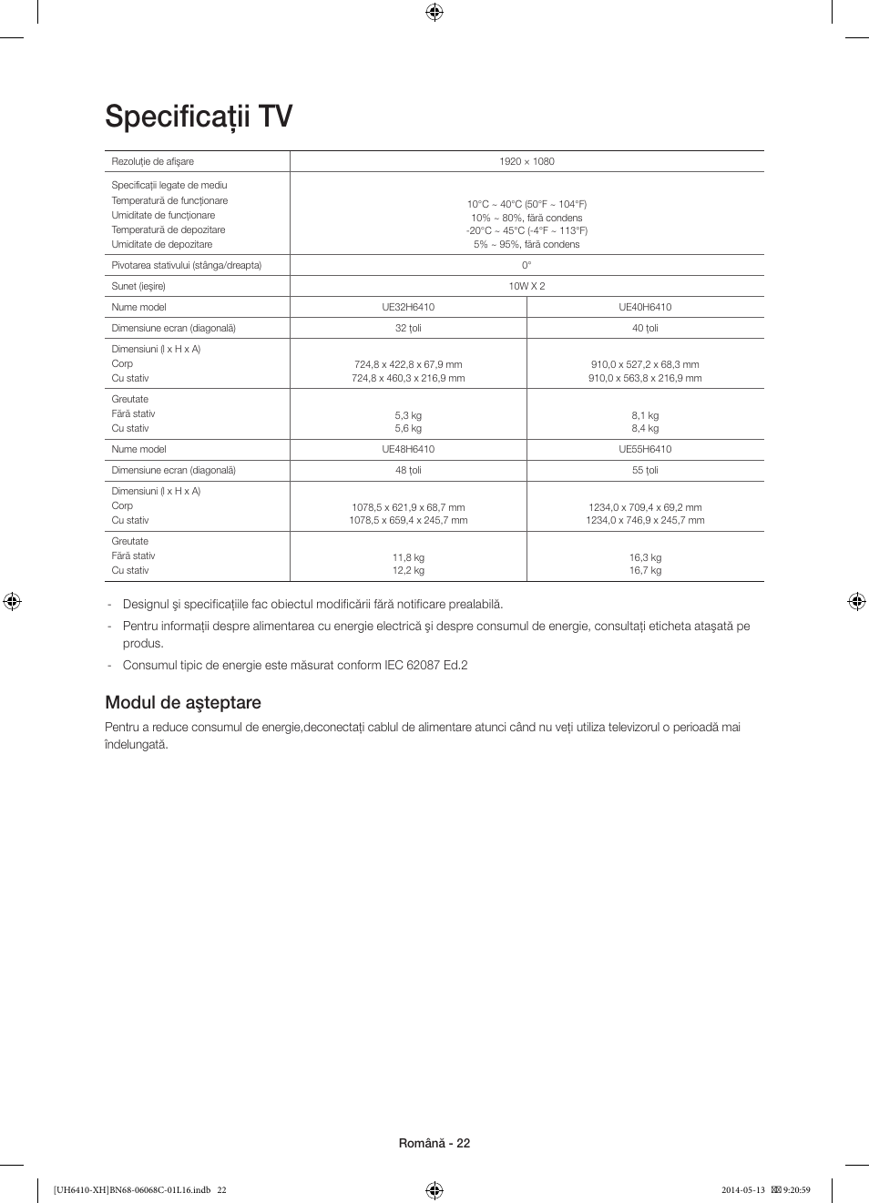 Specificaţii tv, Modul de aşteptare | Samsung UE32H6410SS User Manual | Page 198 / 353