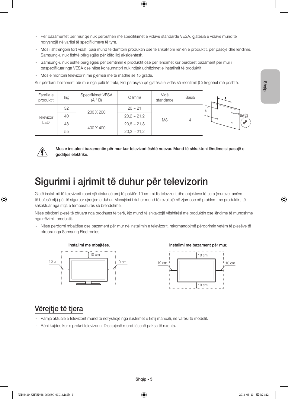 Sigurimi i ajrimit të duhur për televizorin, Vërejtje të tjera | Samsung UE32H6410SS User Manual | Page 225 / 353