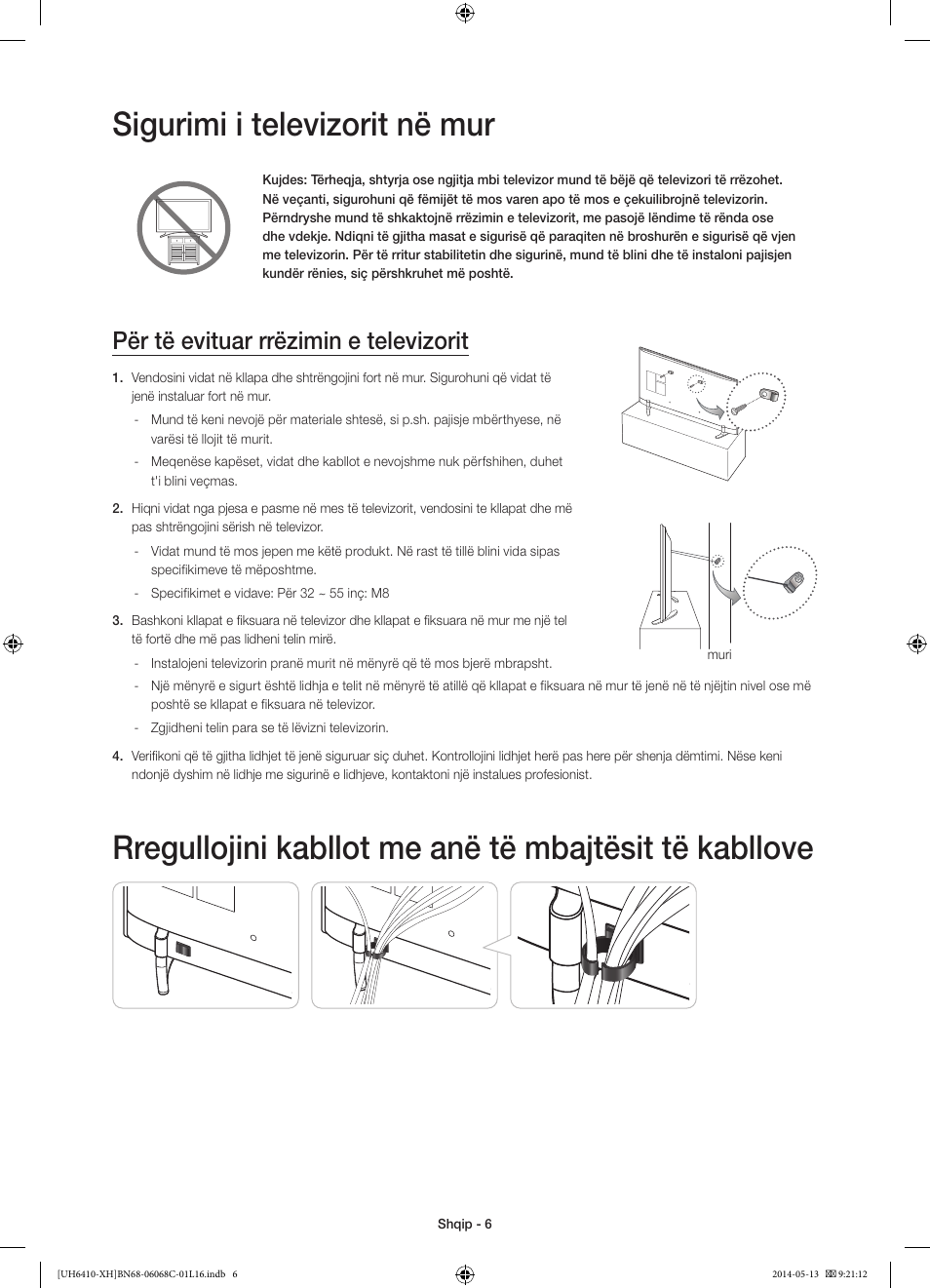 Sigurimi i televizorit në mur, Për të evituar rrëzimin e televizorit | Samsung UE32H6410SS User Manual | Page 226 / 353