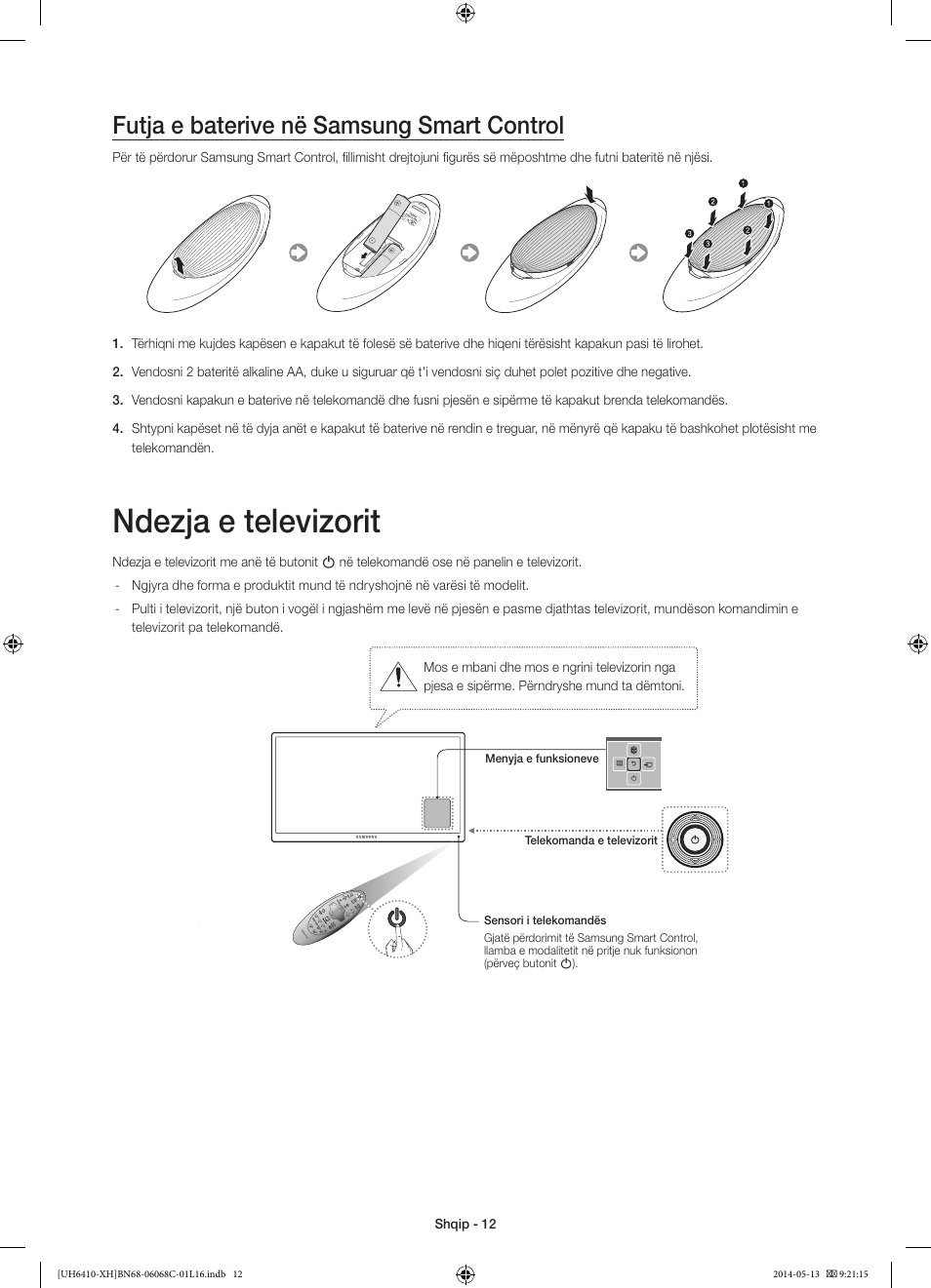 Ndezja e televizorit, Futja e baterive në samsung smart control | Samsung UE32H6410SS User Manual | Page 232 / 353
