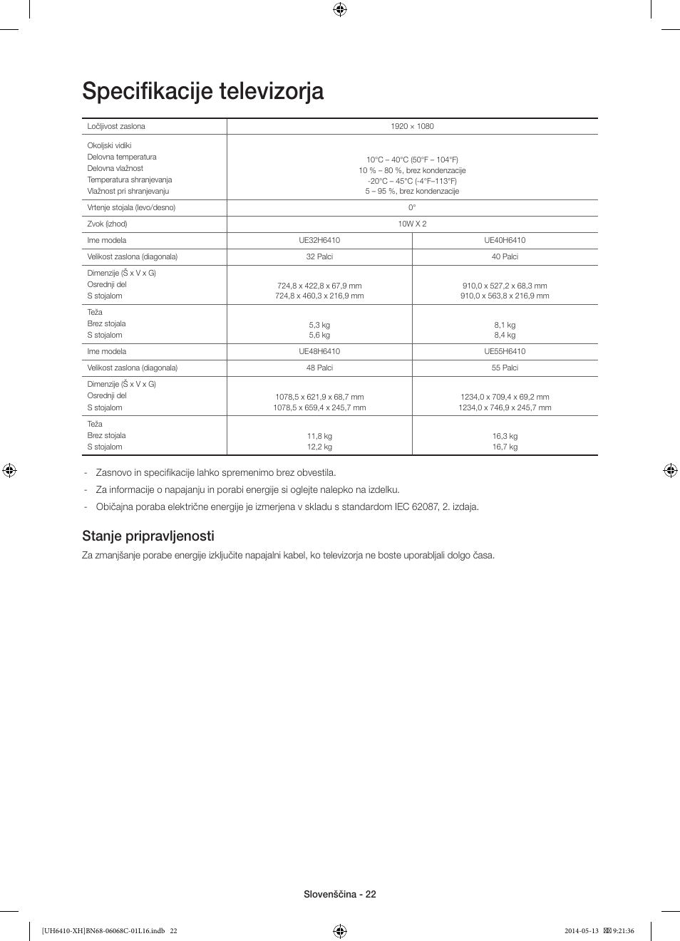 Specifikacije televizorja, Stanje pripravljenosti | Samsung UE32H6410SS User Manual | Page 286 / 353