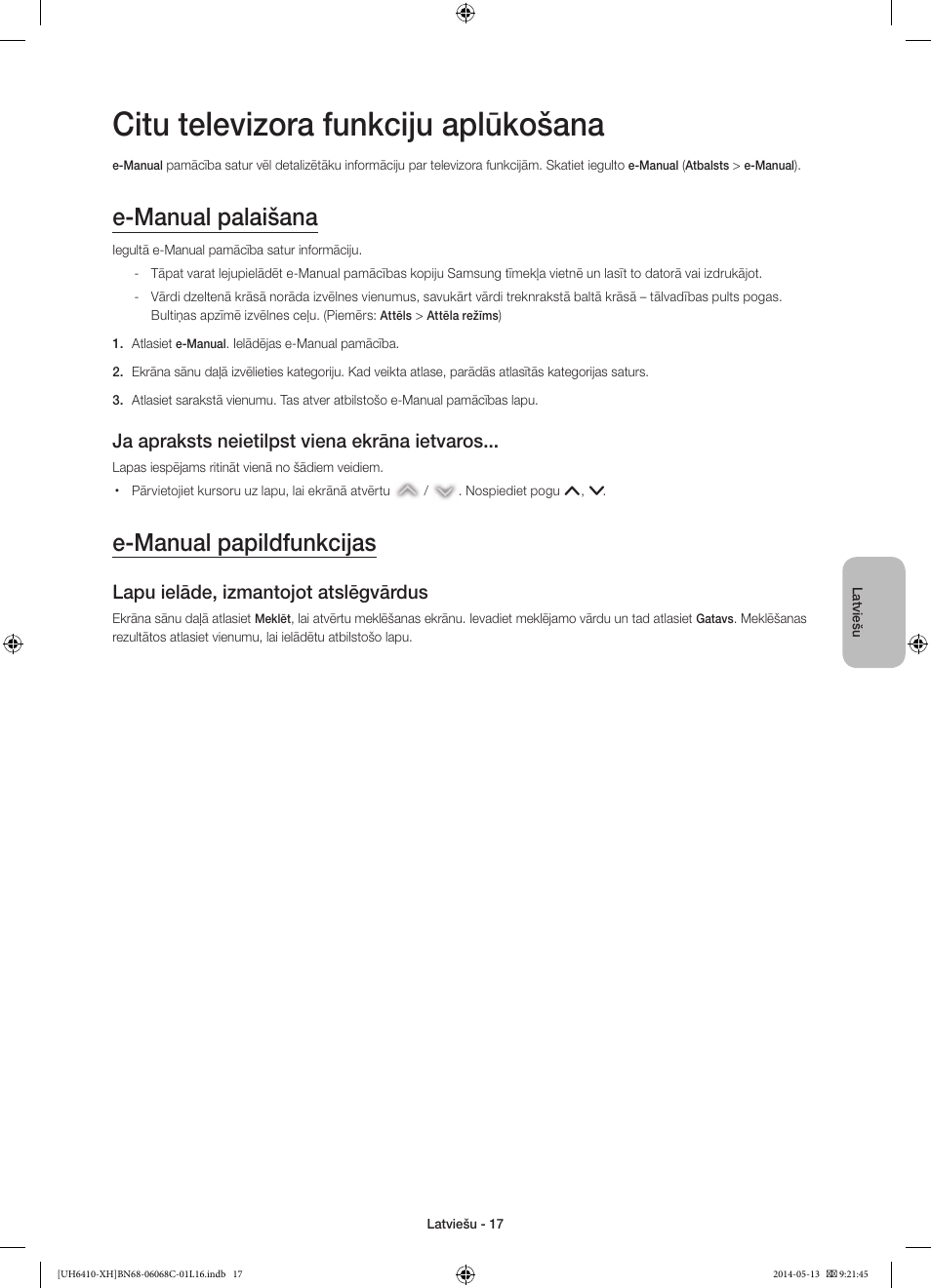 Citu televizora funkciju aplūkošana, E-manual palaišana, E-manual papildfunkcijas | Ja apraksts neietilpst viena ekrāna ietvaros, Lapu ielāde, izmantojot atslēgvārdus | Samsung UE32H6410SS User Manual | Page 303 / 353
