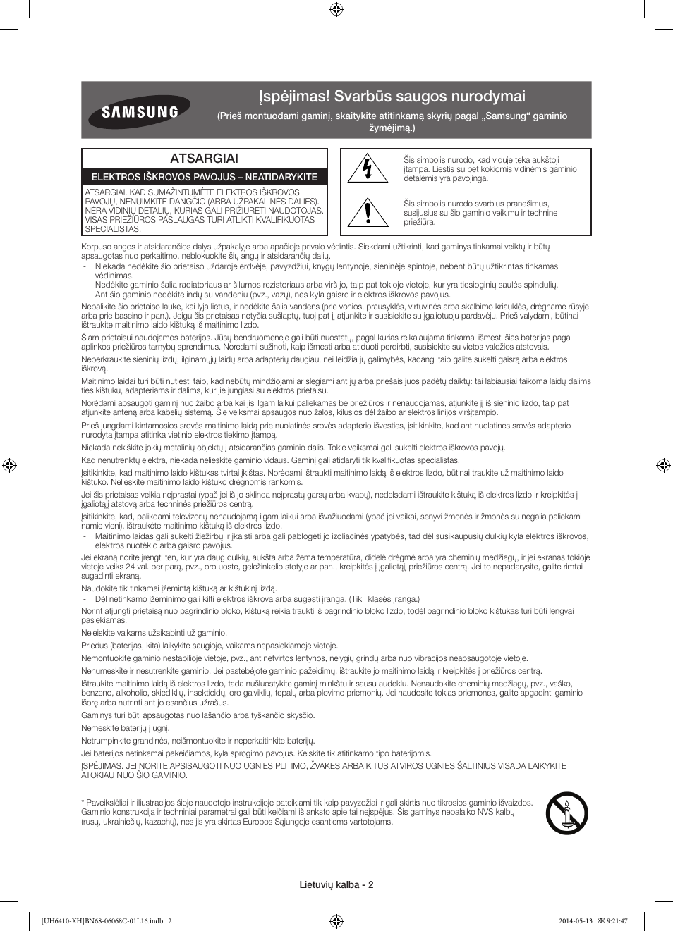 Įspėjimas! svarbūs saugos nurodymai, Atsargiai | Samsung UE32H6410SS User Manual | Page 310 / 353