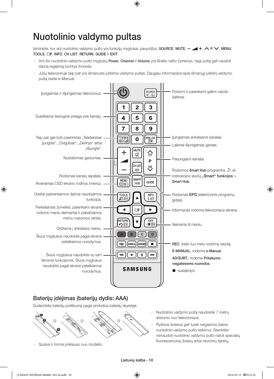 Nuotolinio valdymo pultas, Baterijų įdėjimas (baterijų dydis: aaa) | Samsung UE32H6410SS User Manual | Page 318 / 353