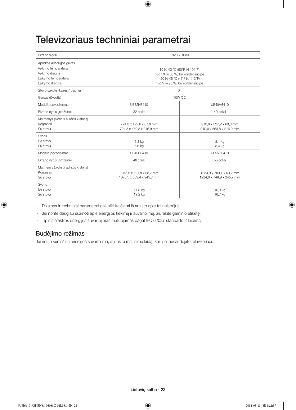 Televizoriaus techniniai parametrai, Budėjimo režimas | Samsung UE32H6410SS User Manual | Page 330 / 353