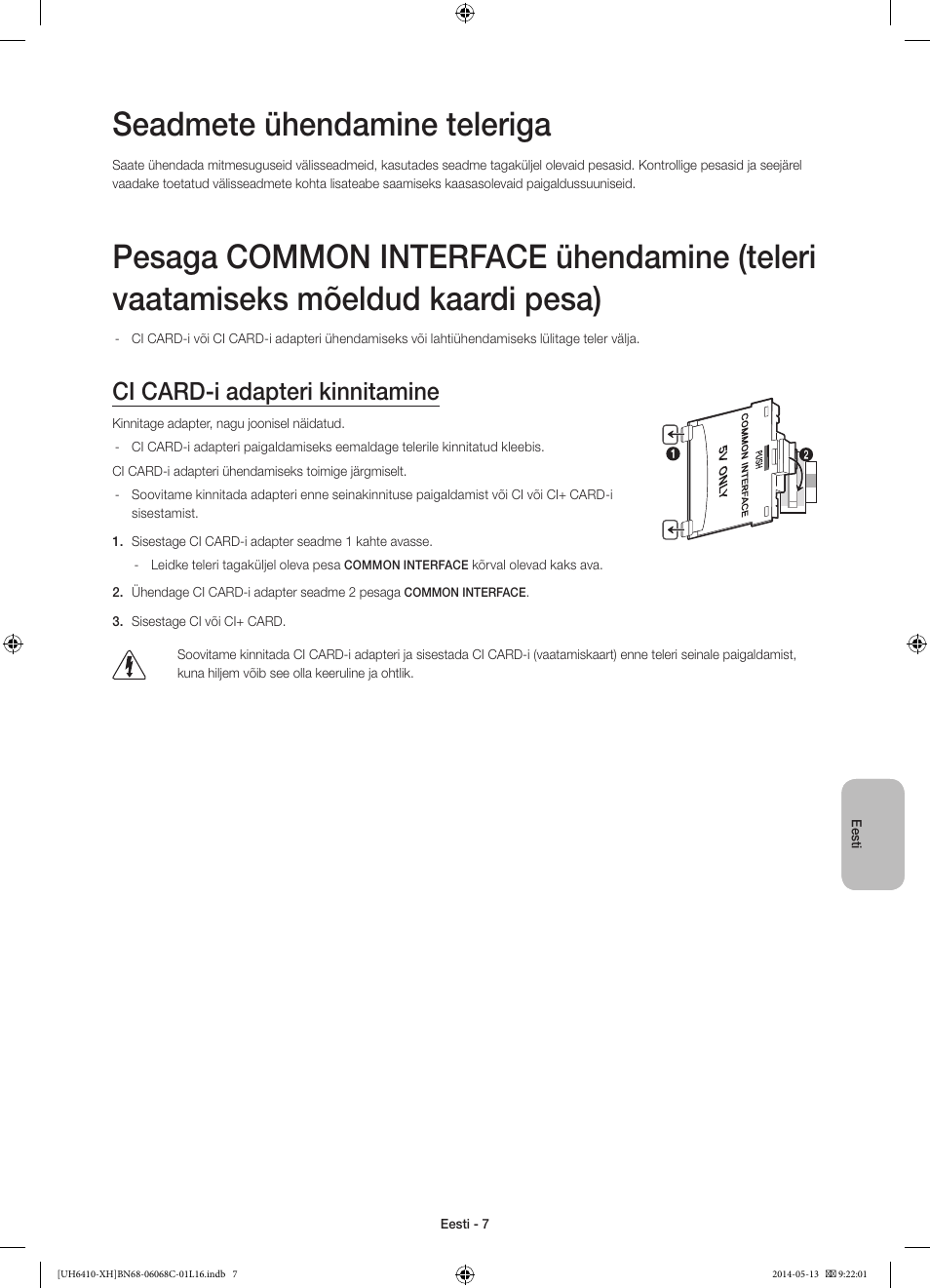 Seadmete ühendamine teleriga, Ci card-i adapteri kinnitamine | Samsung UE32H6410SS User Manual | Page 337 / 353