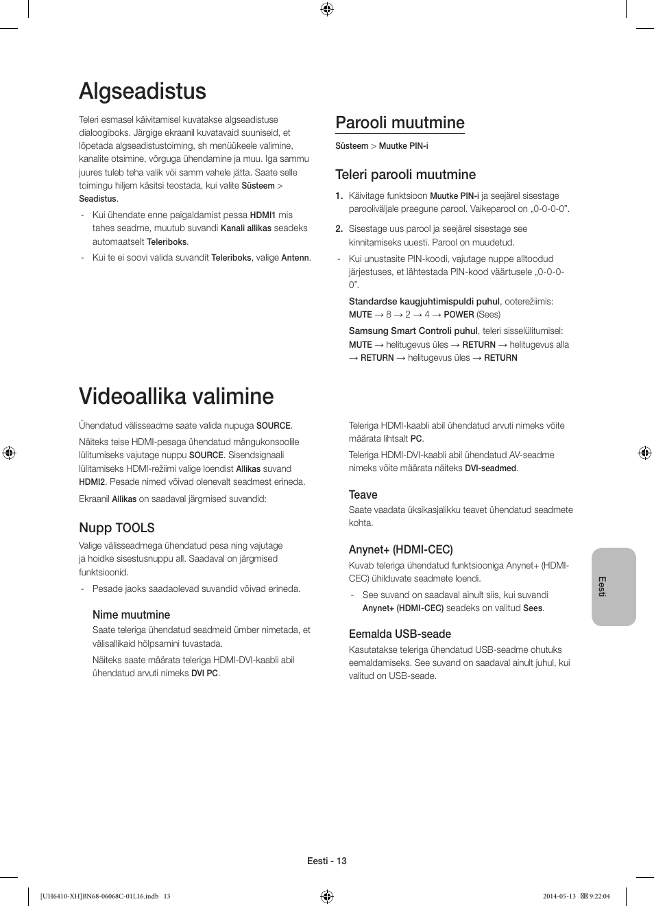 Algseadistus, Videoallika valimine, Parooli muutmine | Teleri parooli muutmine, Nupp, Tools | Samsung UE32H6410SS User Manual | Page 343 / 353