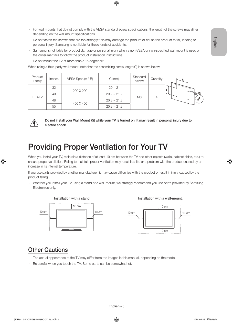 Providing proper ventilation for your tv, Other cautions | Samsung UE32H6410SS User Manual | Page 5 / 353