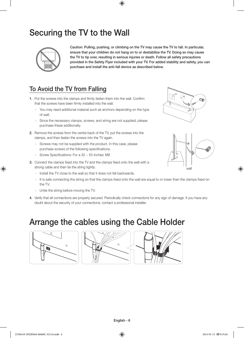 Securing the tv to the wall, Arrange the cables using the cable holder | Samsung UE32H6410SS User Manual | Page 6 / 353