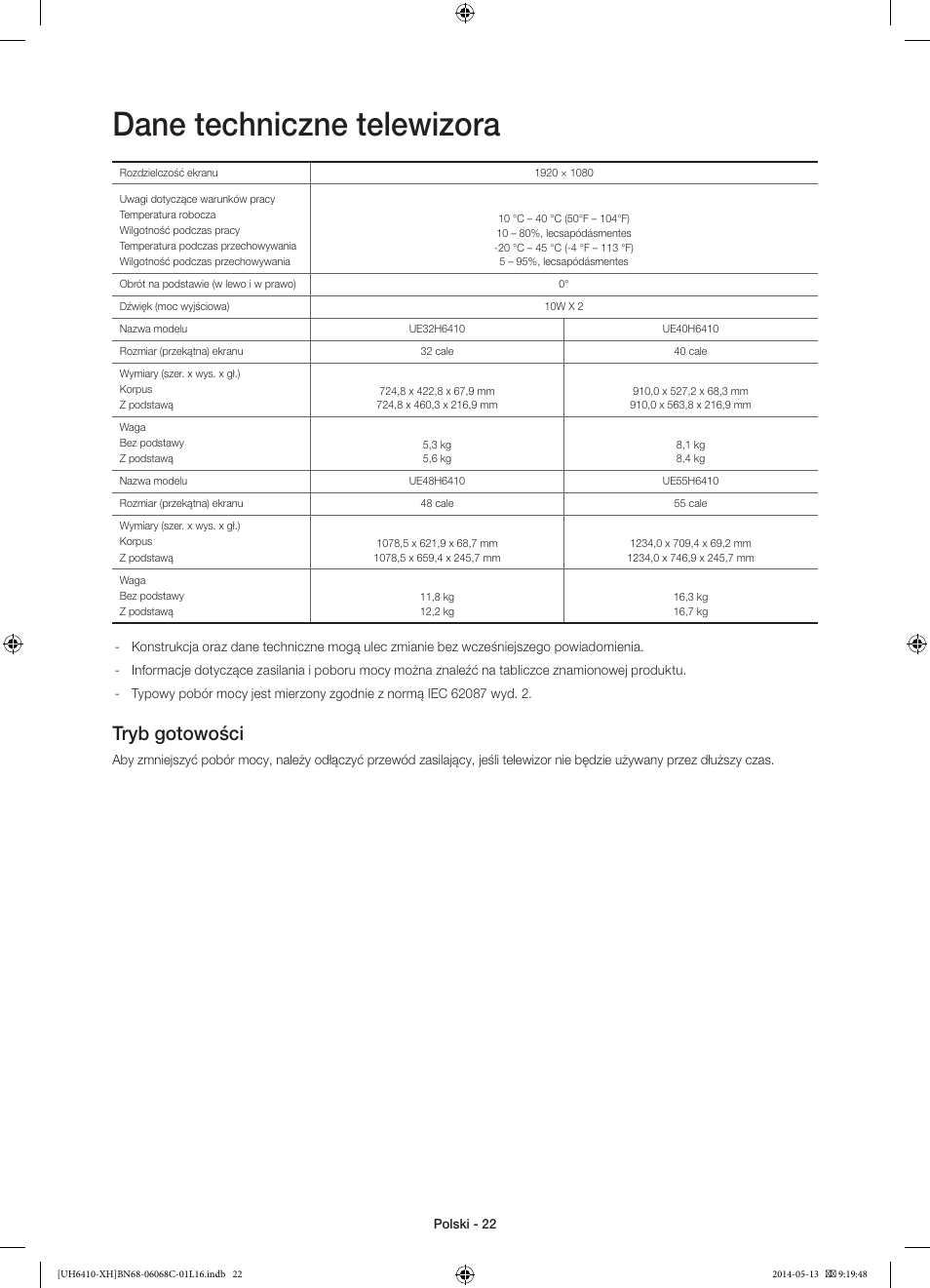 Dane techniczne telewizora, Tryb gotowości | Samsung UE32H6410SS User Manual | Page 66 / 353