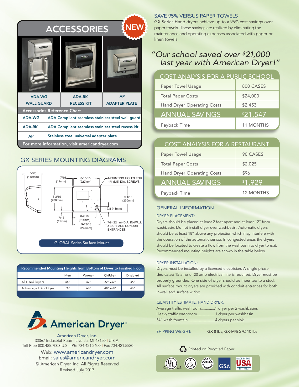 Accessories, Our school saved over, Annual savings | Cost analysis for a public school, Cost analysis for a restaurant, Gx series mounting diagrams | American Dryer GX1-M User Manual | Page 2 / 2