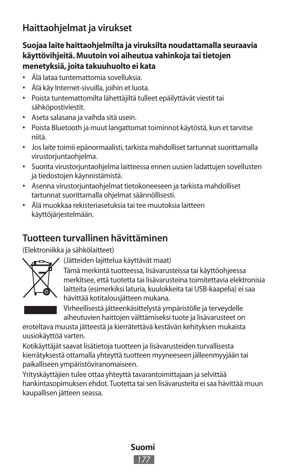 Haittaohjelmat ja virukset, Tuotteen turvallinen hävittäminen | Samsung GT-P5200 User Manual | Page 178 / 558