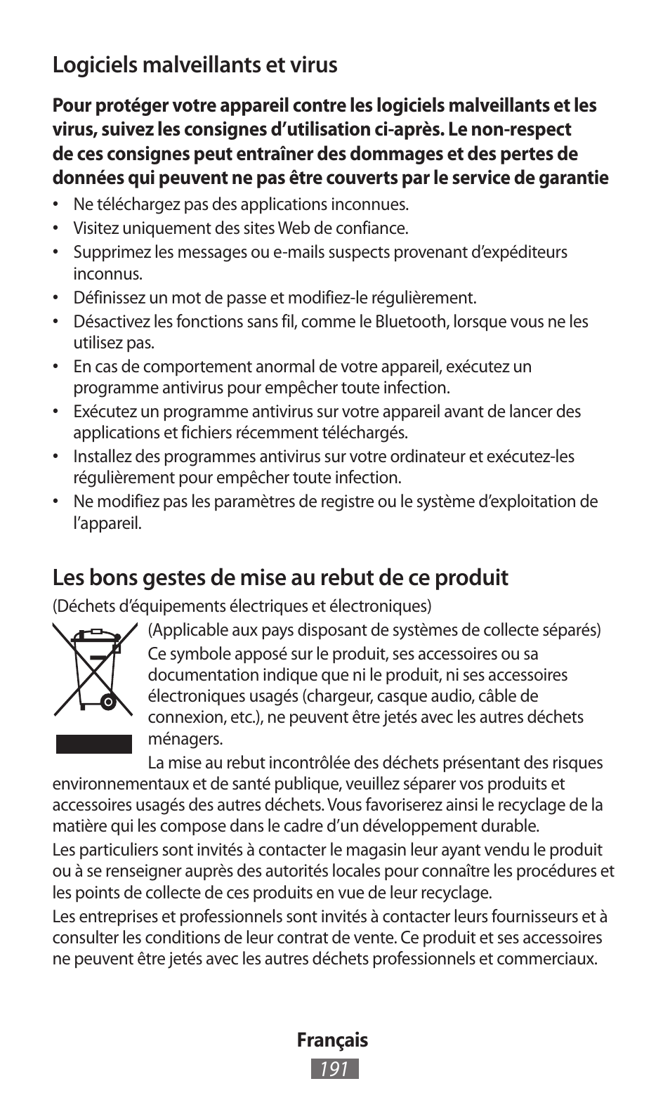 Logiciels malveillants et virus, Les bons gestes de mise au rebut de ce produit | Samsung GT-P5200 User Manual | Page 192 / 558