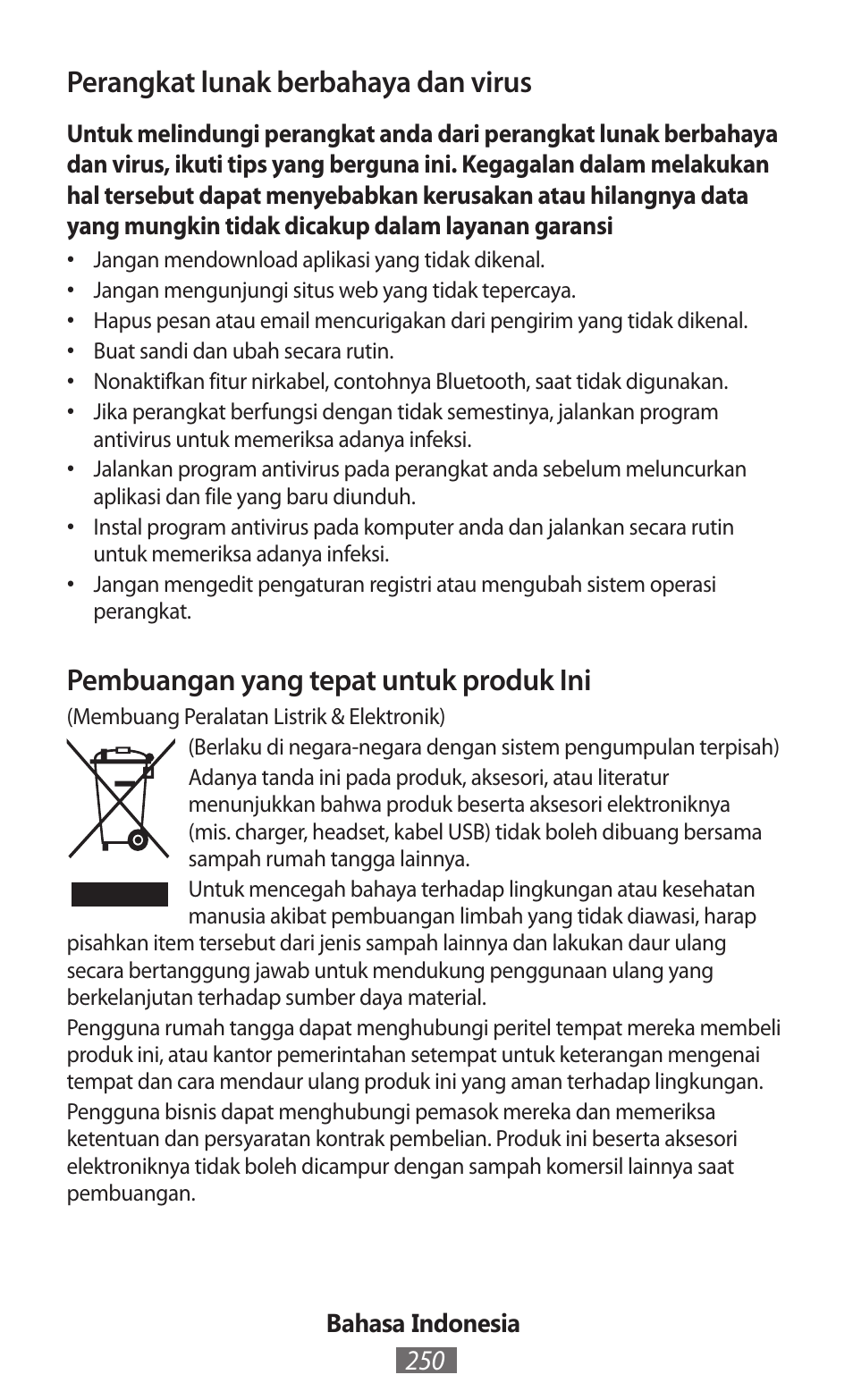 Perangkat lunak berbahaya dan virus, Pembuangan yang tepat untuk produk ini | Samsung GT-P5200 User Manual | Page 251 / 558