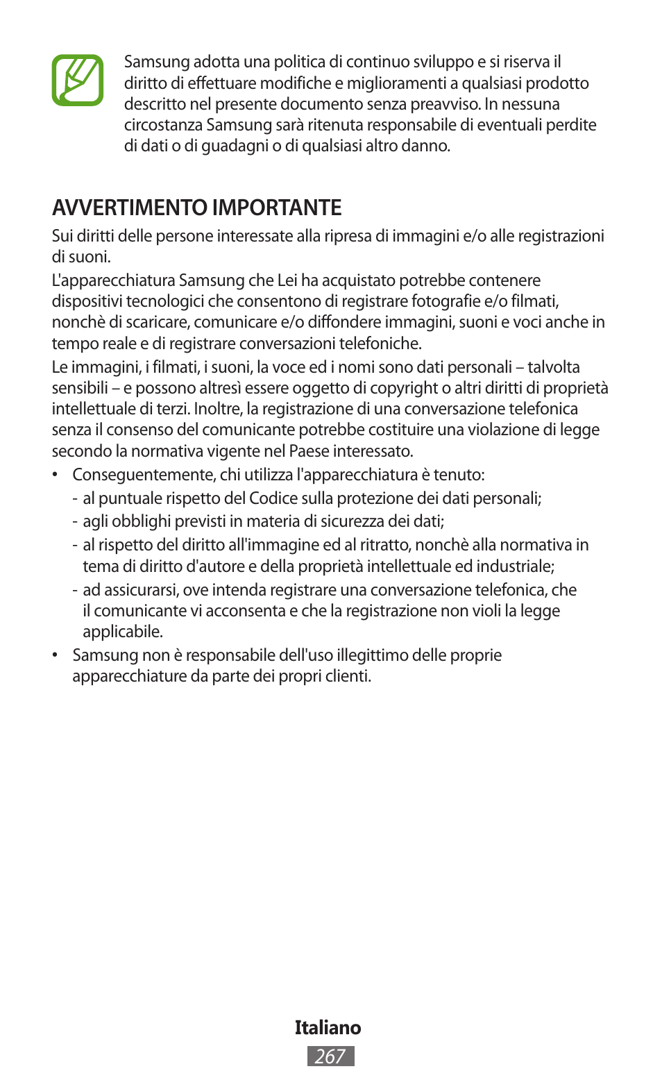 Avvertimento importante | Samsung GT-P5200 User Manual | Page 268 / 558