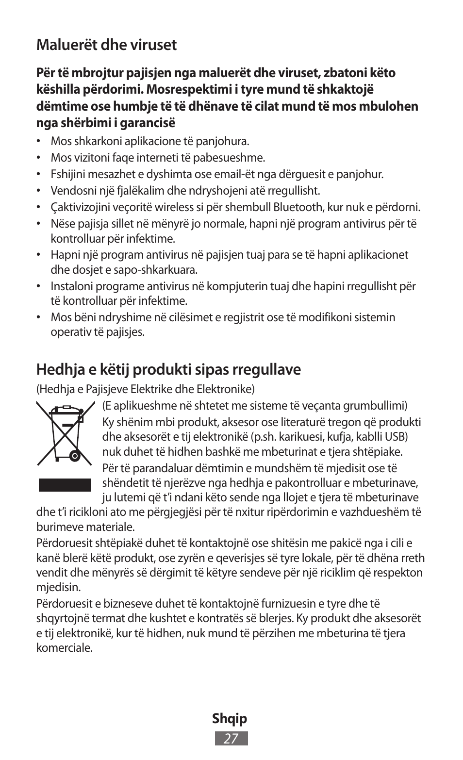 Maluerët dhe viruset, Hedhja e këtij produkti sipas rregullave | Samsung GT-P5200 User Manual | Page 28 / 558