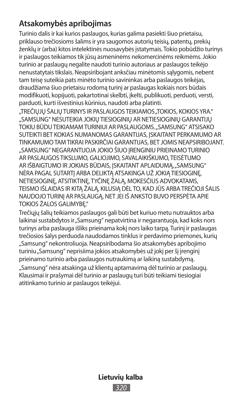 Atsakomybės apribojimas | Samsung GT-P5200 User Manual | Page 321 / 558