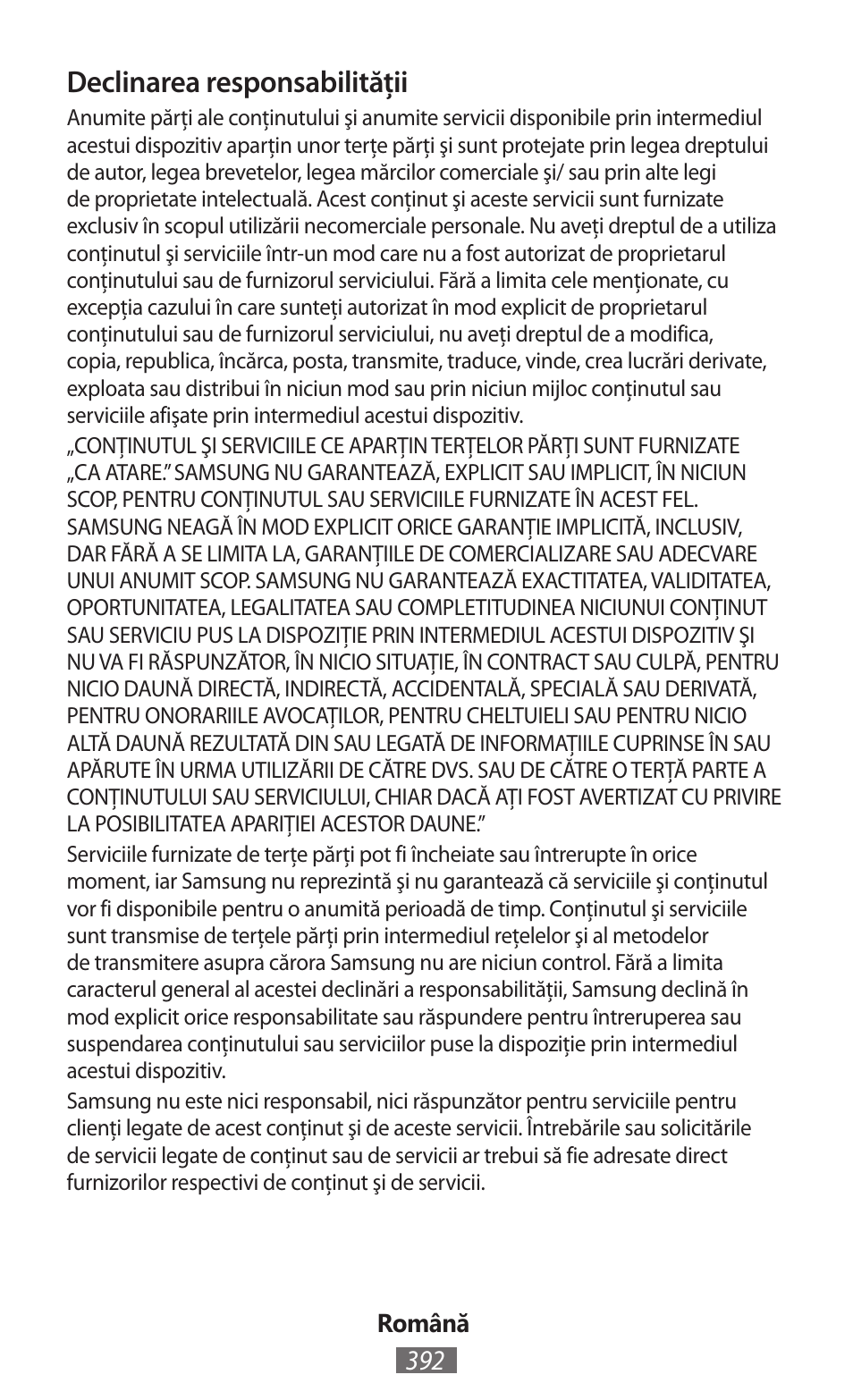 Declinarea responsabilităţii | Samsung GT-P5200 User Manual | Page 393 / 558