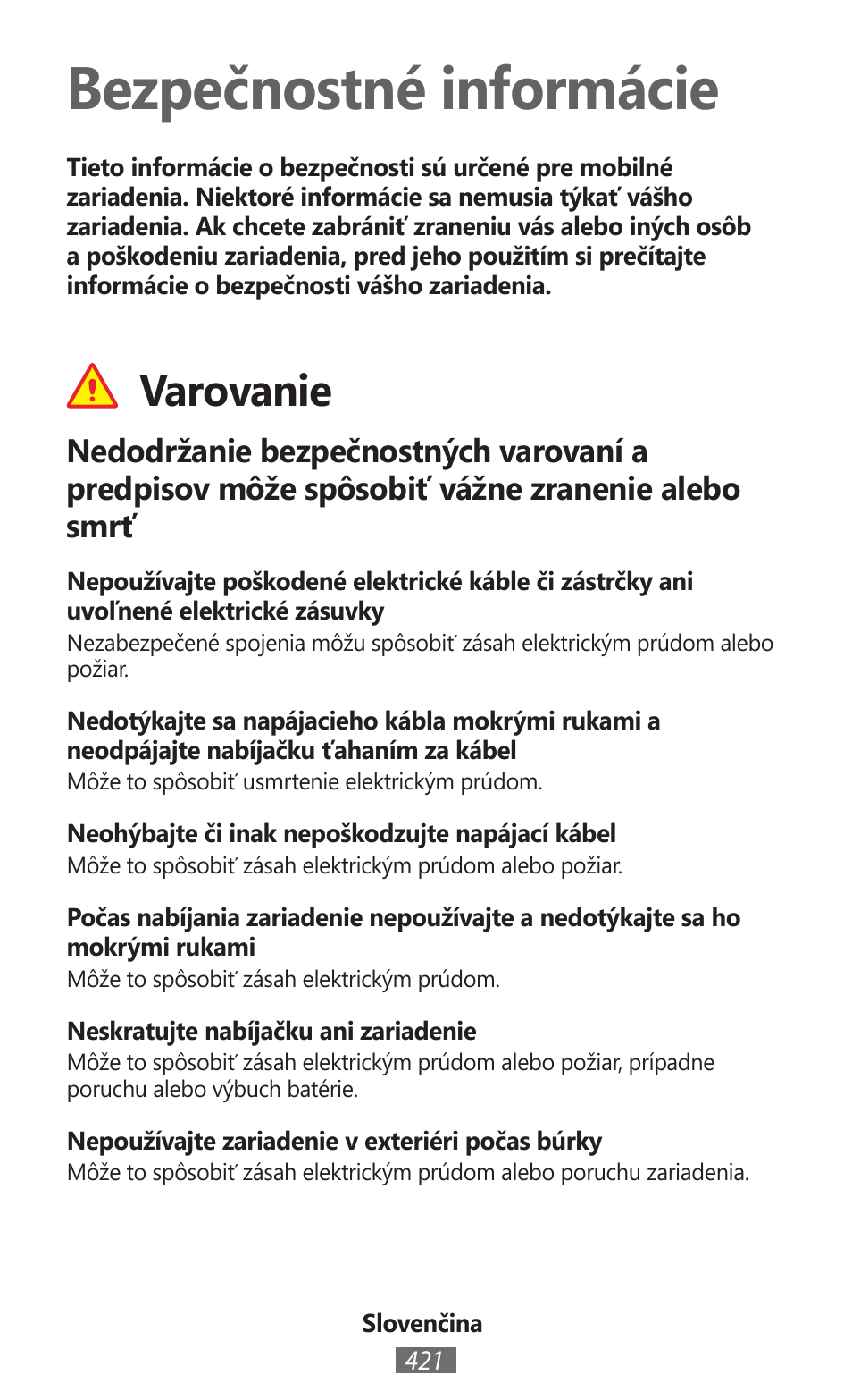 Slovenčina, Bezpečnostné informácie, Varovanie | Samsung GT-P5200 User Manual | Page 422 / 558