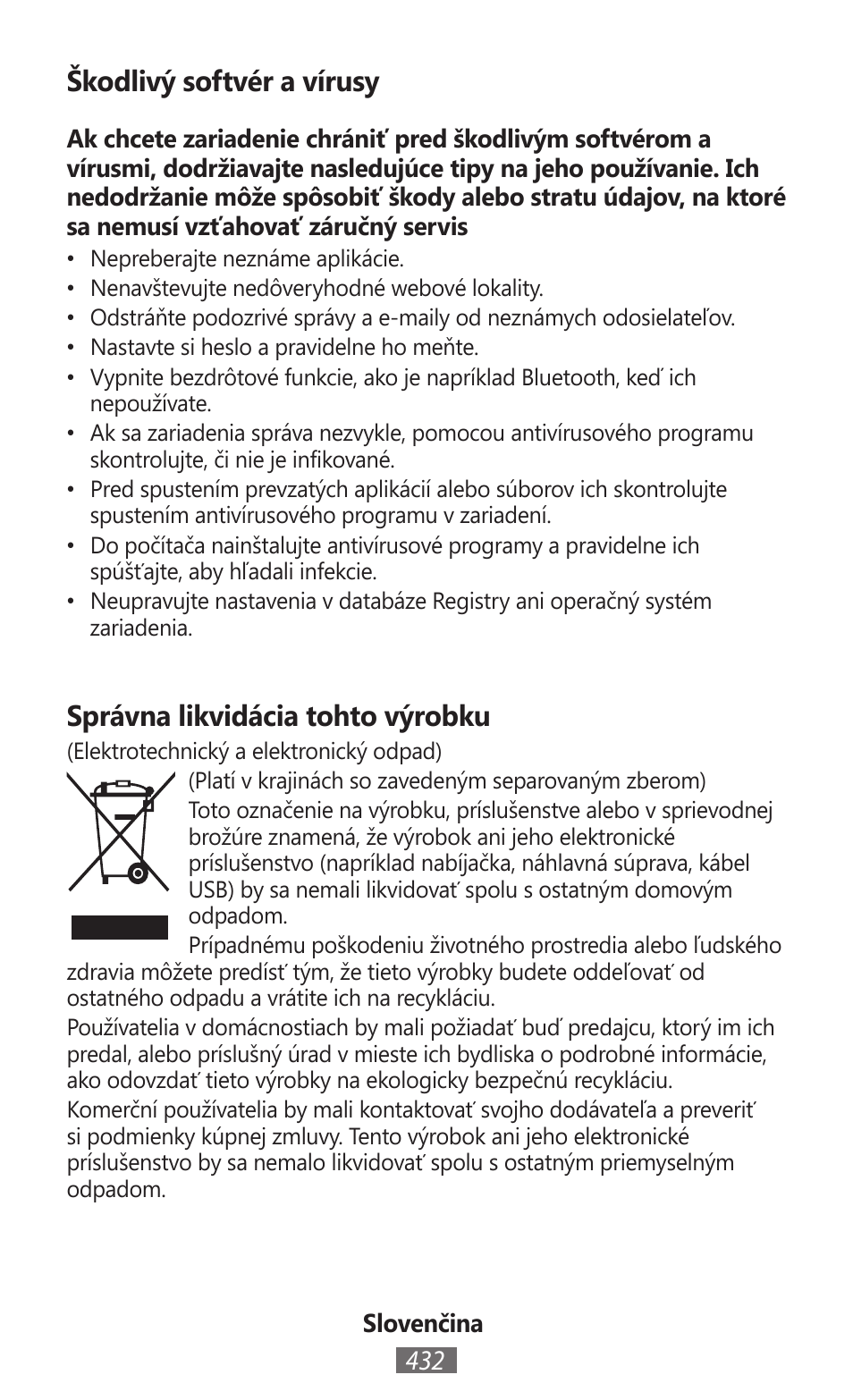 Škodlivý softvér a vírusy, Správna likvidácia tohto výrobku | Samsung GT-P5200 User Manual | Page 433 / 558