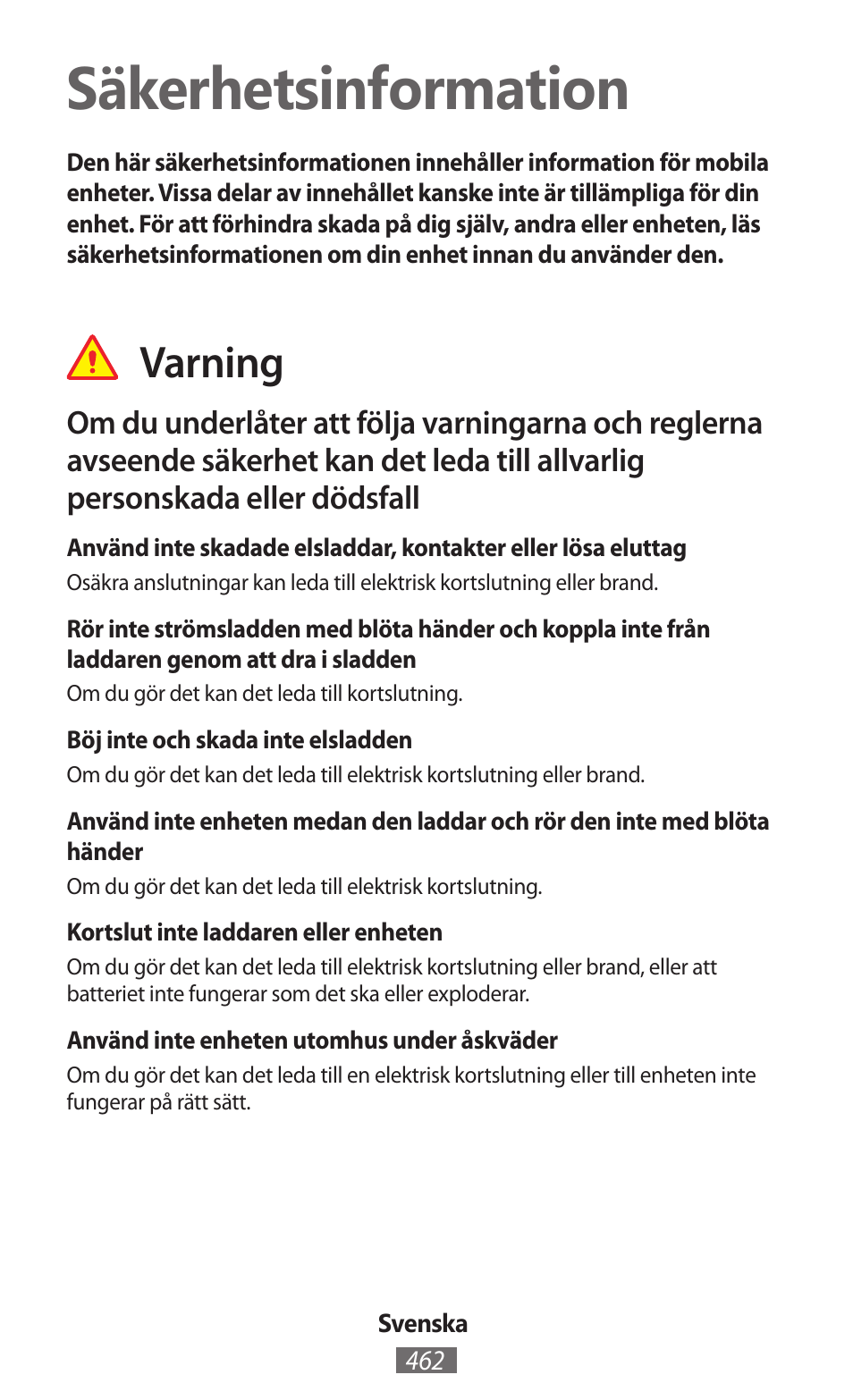 Svenska, Säkerhetsinformation, Varning | Samsung GT-P5200 User Manual | Page 463 / 558