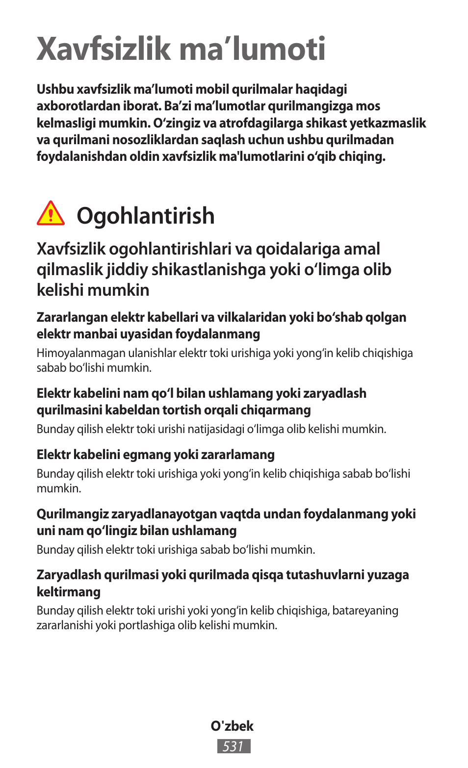 O'zbek, Xavfsizlik ma’lumoti, Ogohlantirish | Samsung GT-P5200 User Manual | Page 532 / 558