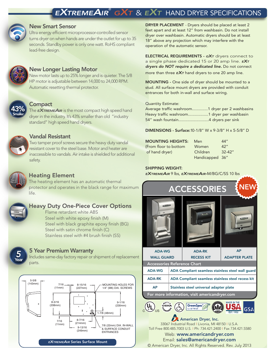 Accessories, Hand dryer, Specifications | Treme, 5 year premium warranty, Vandal resistant, Compact, New longer lasting motor, New smart sensor, Heating element | American Dryer GXT6-C User Manual | Page 2 / 2