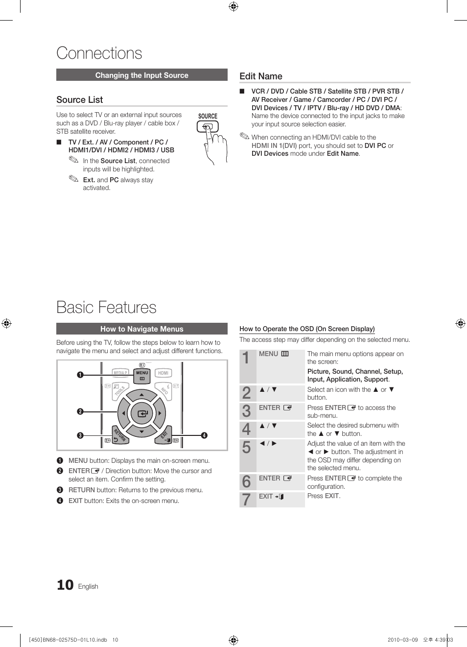 Connections basic features, Source list, Edit name | Samsung PS42C450B1W User Manual | Page 10 / 401