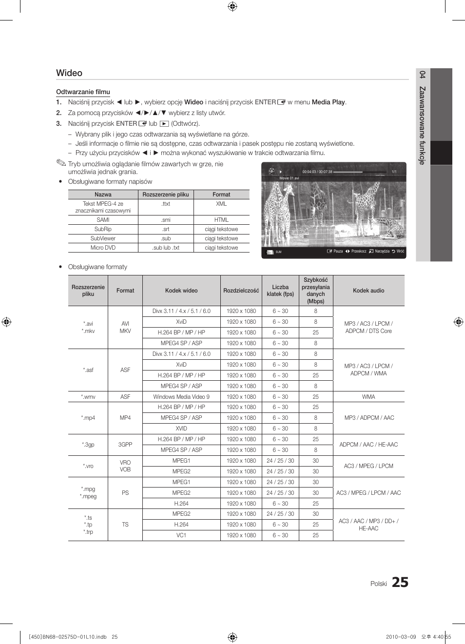 Wideo | Samsung PS42C450B1W User Manual | Page 105 / 401