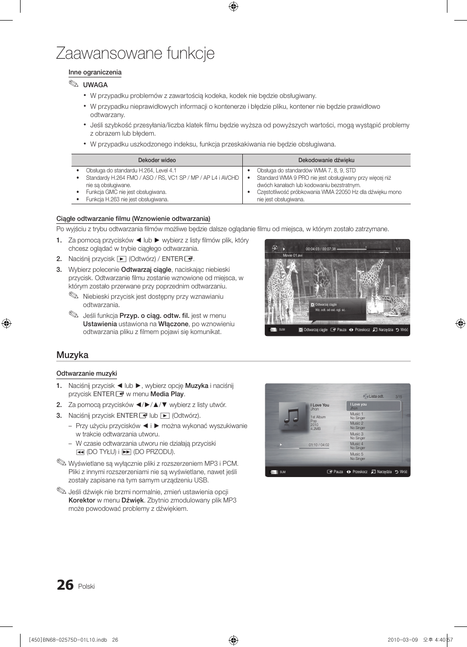 Zaawansowane funkcje, Muzyka | Samsung PS42C450B1W User Manual | Page 106 / 401