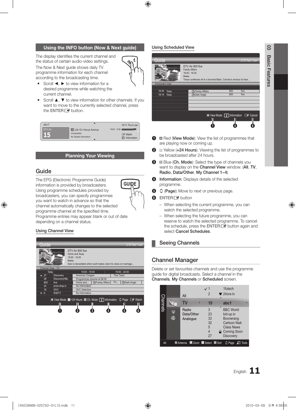 Guide, Channel manager, Seeing channels | Planning your viewing, Channels | Samsung PS42C450B1W User Manual | Page 11 / 401