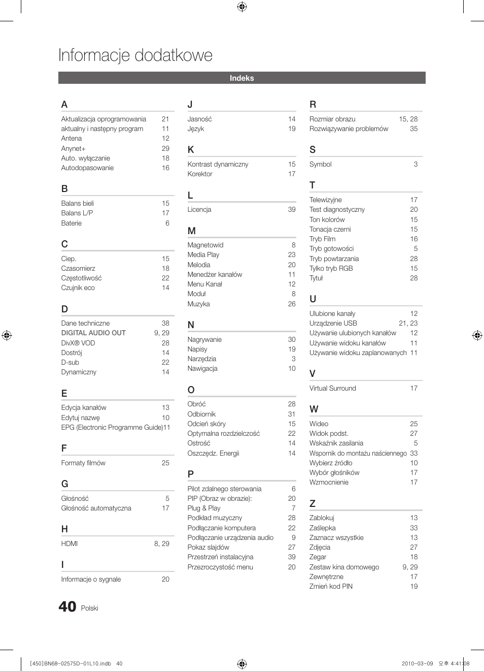 Informacje dodatkowe | Samsung PS42C450B1W User Manual | Page 120 / 401