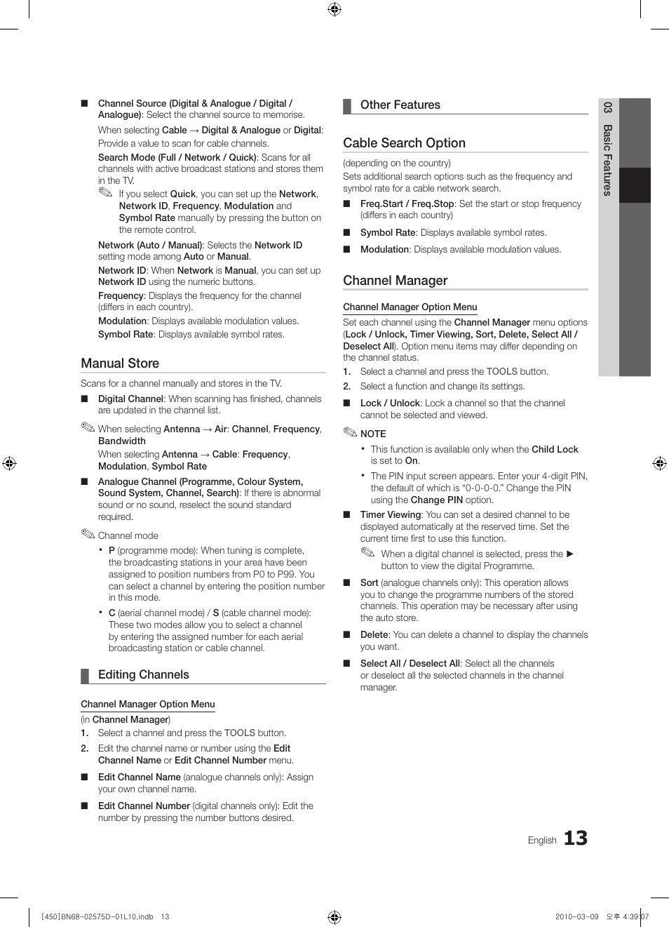 Manual store, Cable search option, Channel manager | Samsung PS42C450B1W User Manual | Page 13 / 401