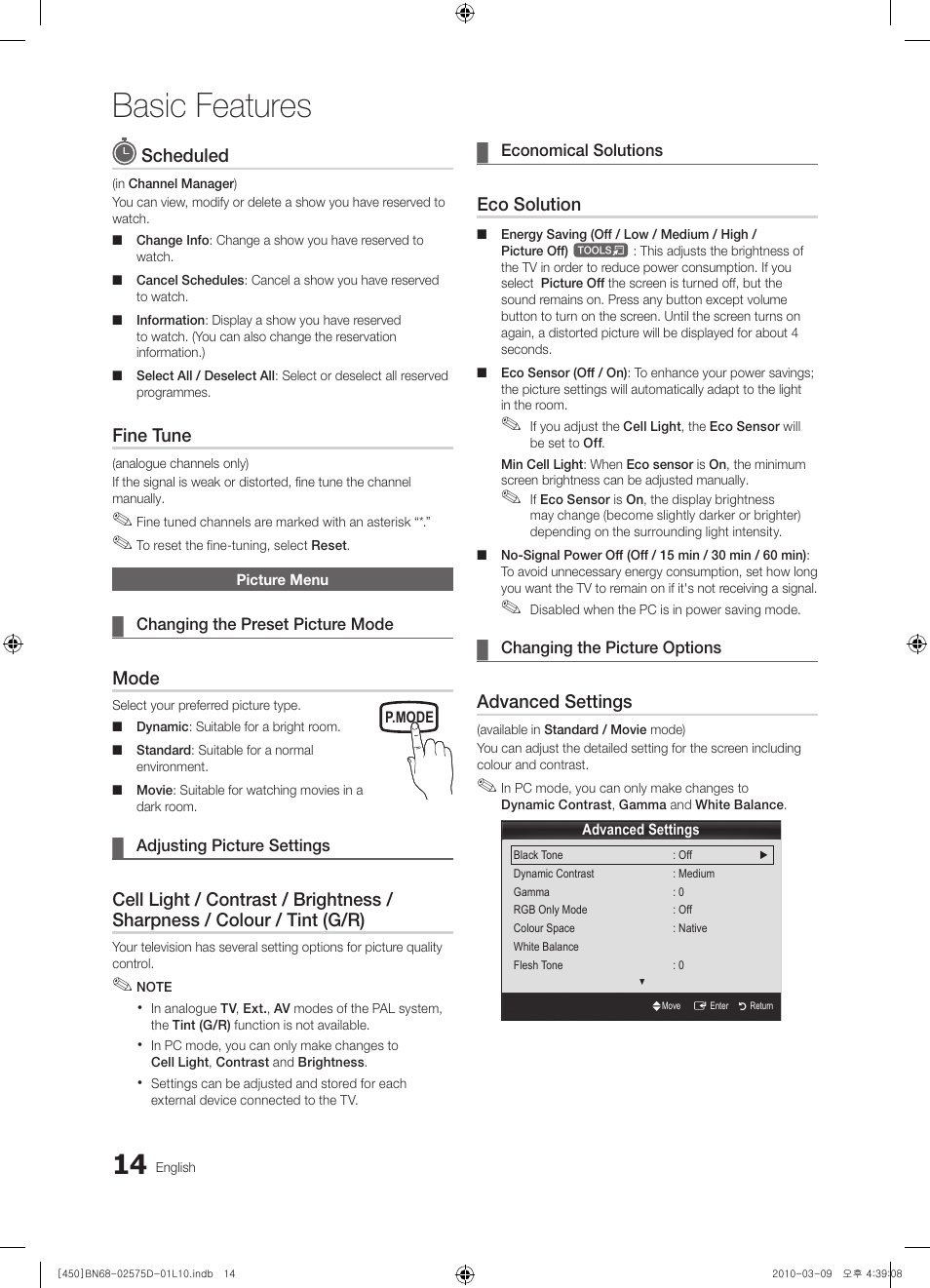Basic features, Scheduled, Fine tune | Mode, Eco solution, Advanced settings | Samsung PS42C450B1W User Manual | Page 14 / 401