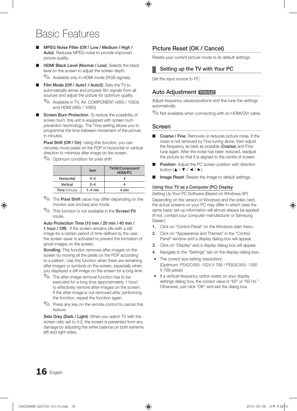 Basic features, Picture reset (ok / cancel), Auto adjustment | Screen | Samsung PS42C450B1W User Manual | Page 16 / 401