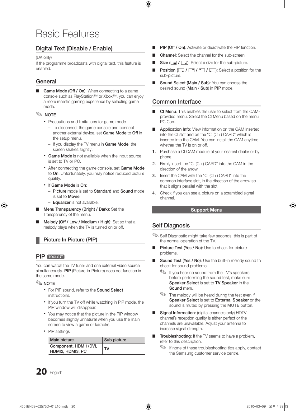 Basic features, Digital text (disable / enable), General | Common interface, Self diagnosis | Samsung PS42C450B1W User Manual | Page 20 / 401