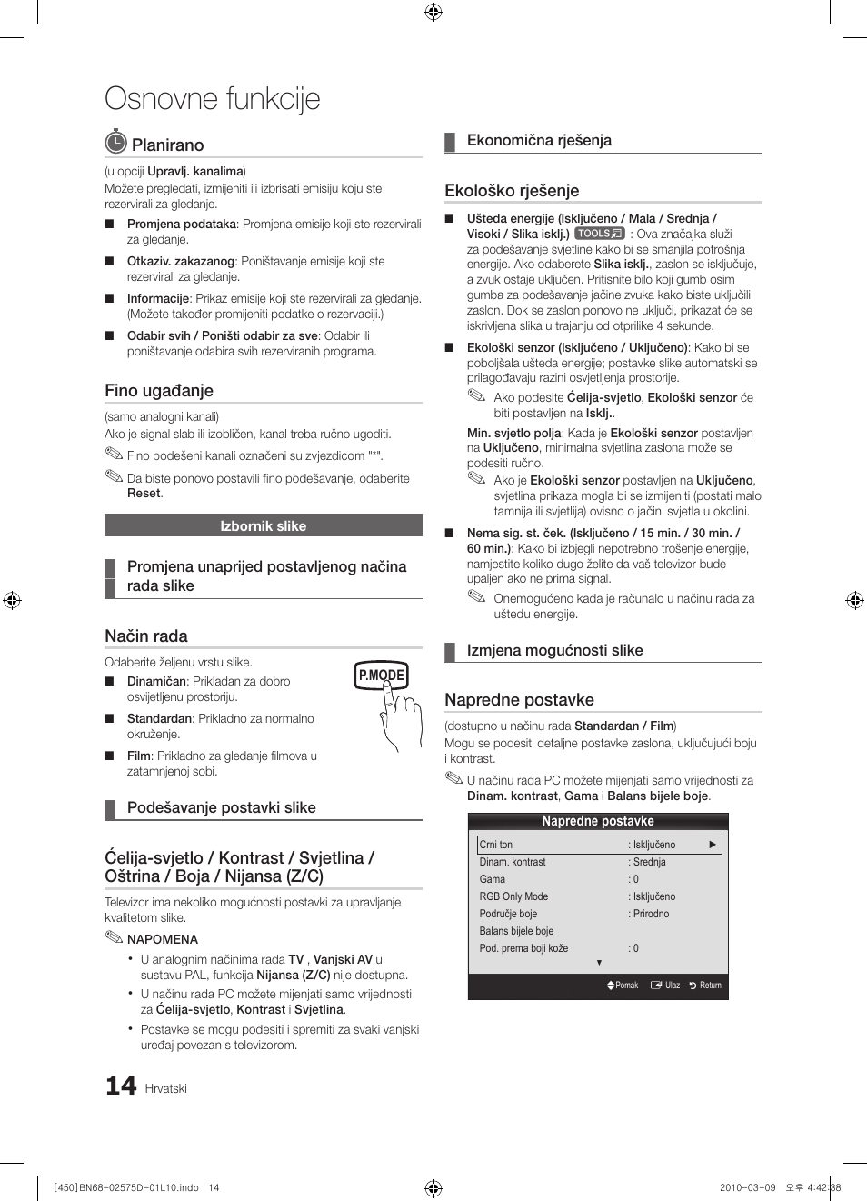 Osnovne funkcije, Planirano, Fino ugađanje | Način rada, Ekološko rješenje, Napredne postavke | Samsung PS42C450B1W User Manual | Page 214 / 401
