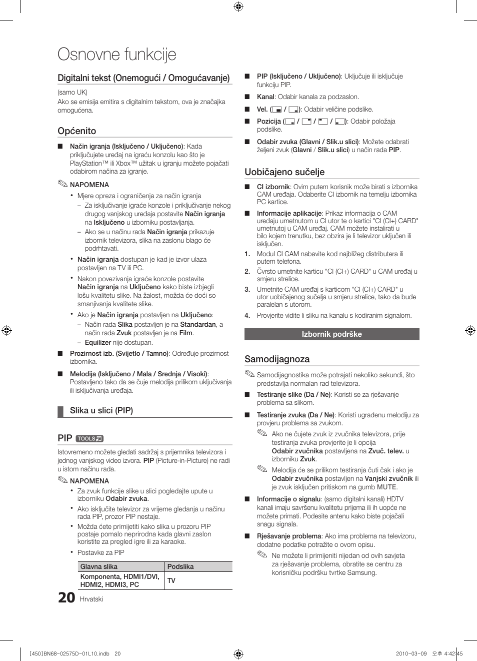 Osnovne funkcije, Digitalni tekst (onemogući / omogućavanje), Općenito | Uobičajeno sučelje, Samodijagnoza | Samsung PS42C450B1W User Manual | Page 220 / 401