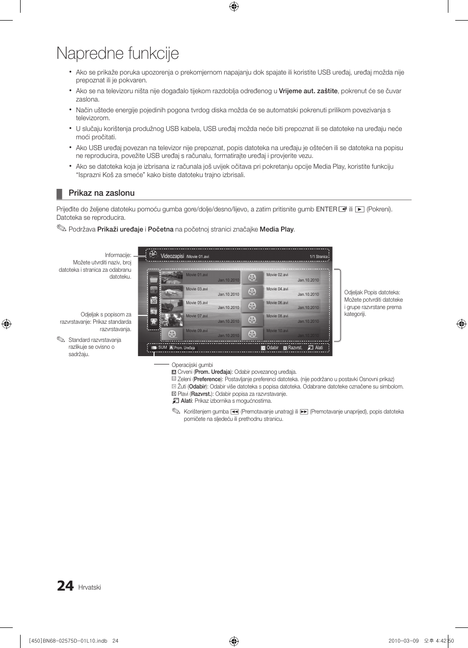 Napredne funkcije, Prikaz na zaslonu | Samsung PS42C450B1W User Manual | Page 224 / 401