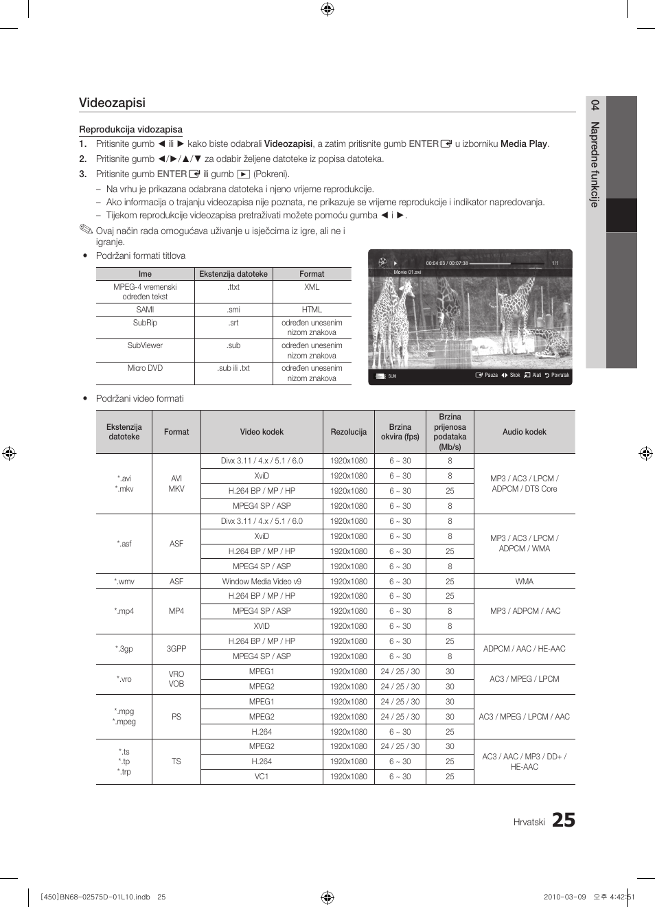 Videozapisi | Samsung PS42C450B1W User Manual | Page 225 / 401