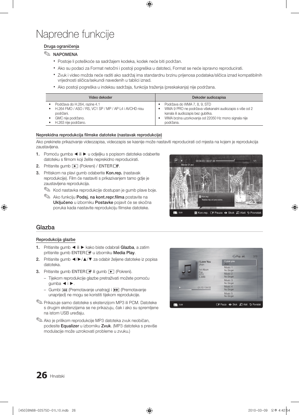 Napredne funkcije, Glazba | Samsung PS42C450B1W User Manual | Page 226 / 401