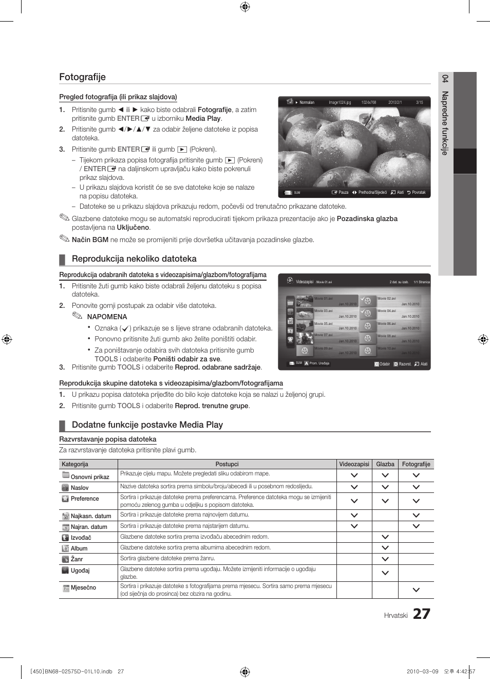 Fotografije, Reprodukcija nekoliko datoteka, Dodatne funkcije postavke media play | Samsung PS42C450B1W User Manual | Page 227 / 401