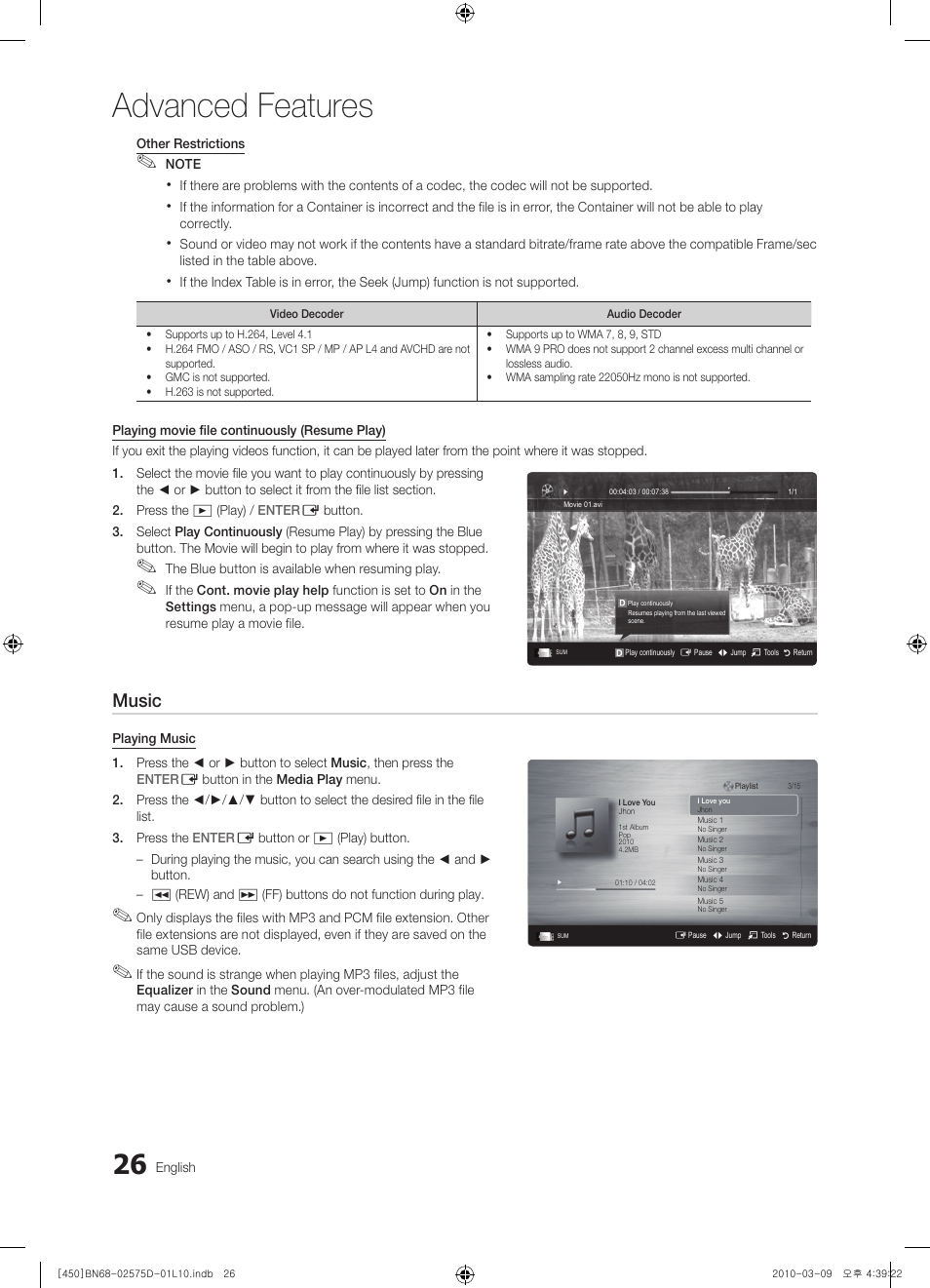 Advanced features, Music | Samsung PS42C450B1W User Manual | Page 26 / 401