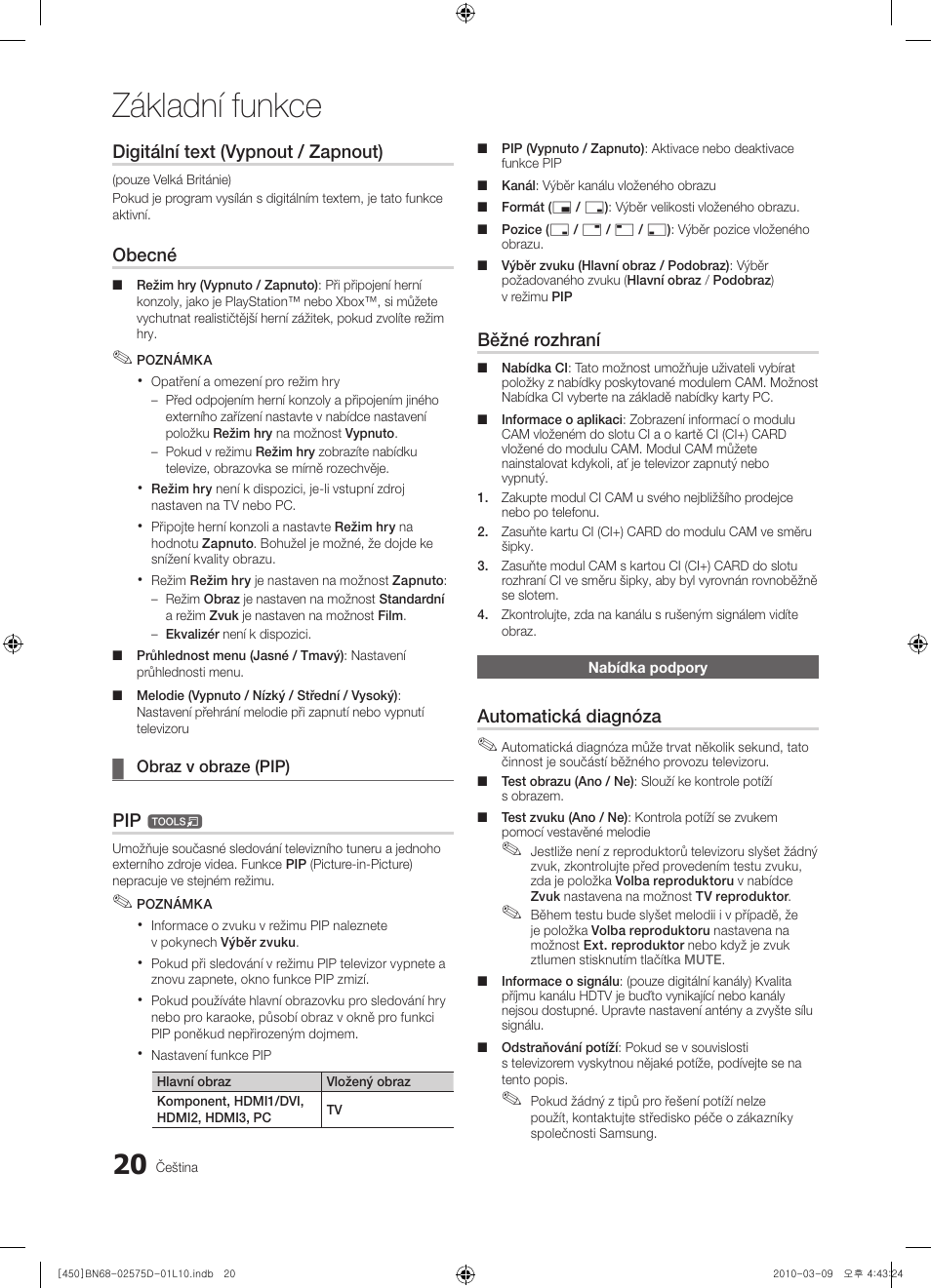 Základní funkce, Digitální text (vypnout / zapnout), Obecné | Běžné rozhraní, Automatická diagnóza | Samsung PS42C450B1W User Manual | Page 260 / 401