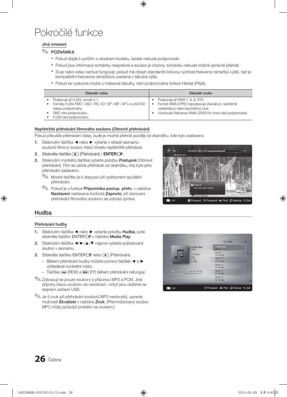 Pokročilé funkce, Hudba | Samsung PS42C450B1W User Manual | Page 266 / 401