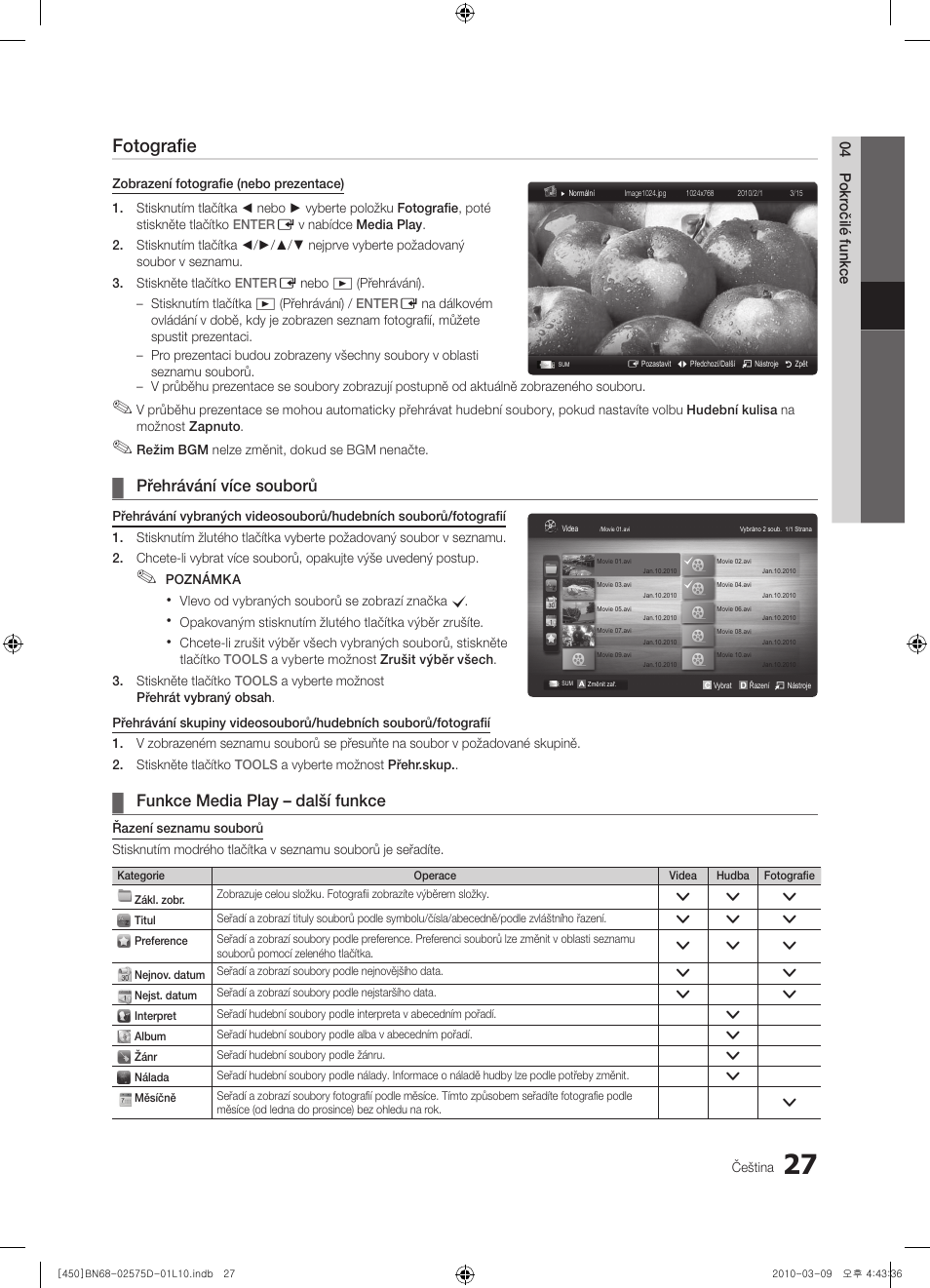 Fotografie, Přehrávání více souborů, Funkce media play – další funkce | Samsung PS42C450B1W User Manual | Page 267 / 401