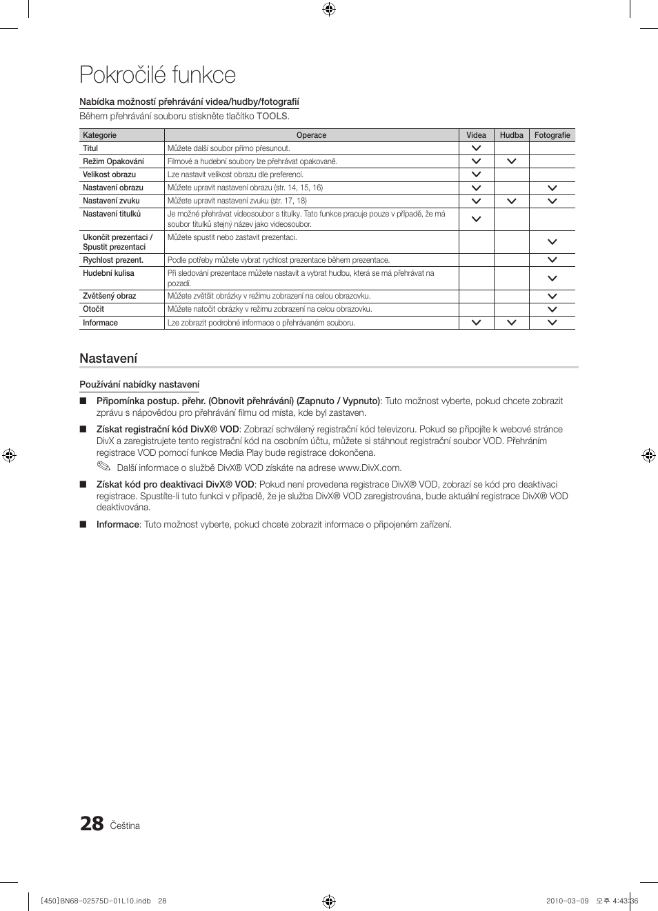 Pokročilé funkce, Nastavení | Samsung PS42C450B1W User Manual | Page 268 / 401