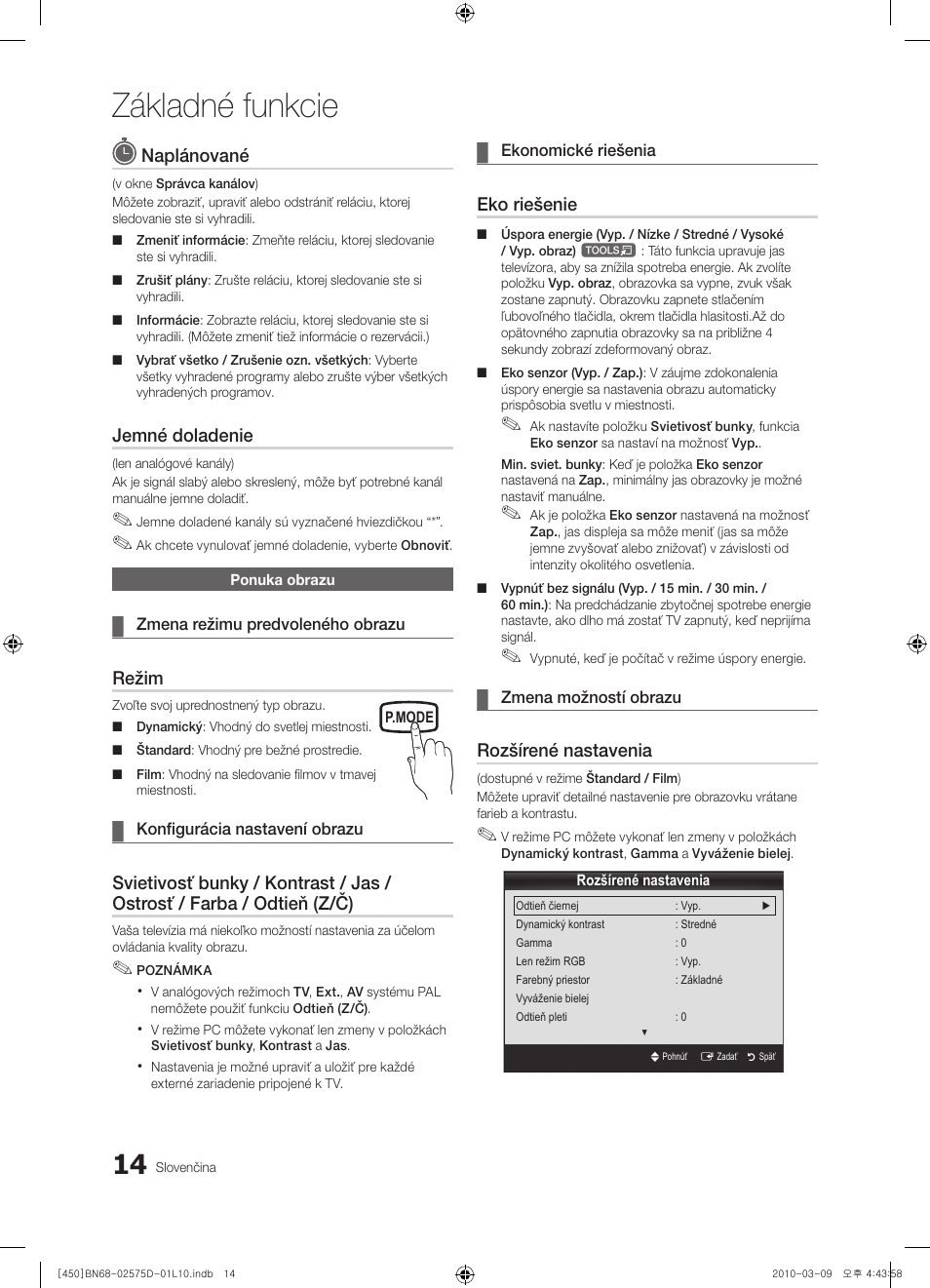 Základné funkcie, Naplánované, Jemné doladenie | Režim, Eko riešenie, Rozšírené nastavenia | Samsung PS42C450B1W User Manual | Page 294 / 401