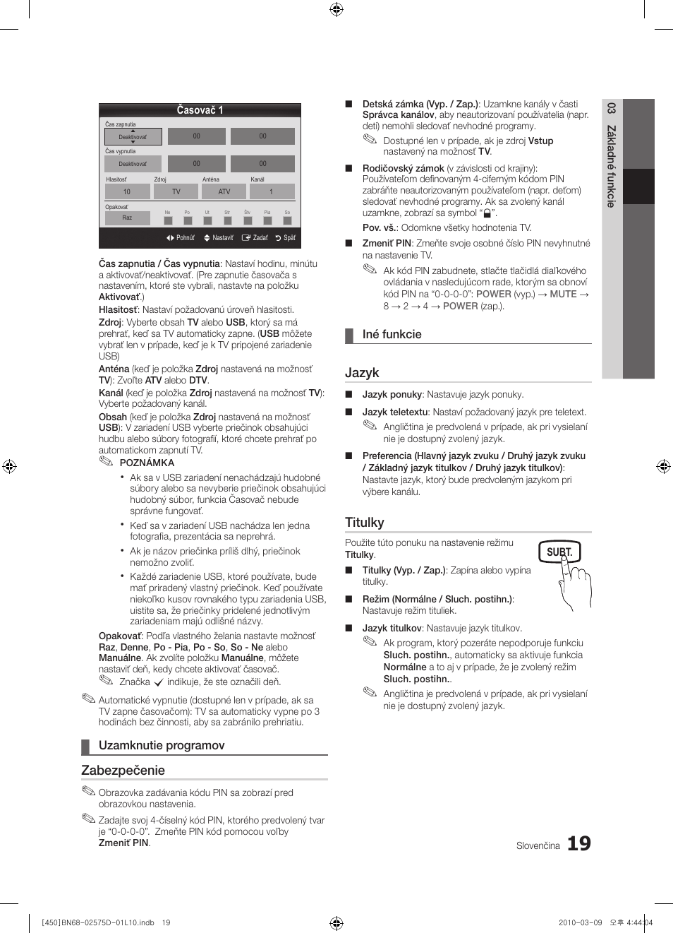 Zabezpečenie, Jazyk, Titulky | Samsung PS42C450B1W User Manual | Page 299 / 401